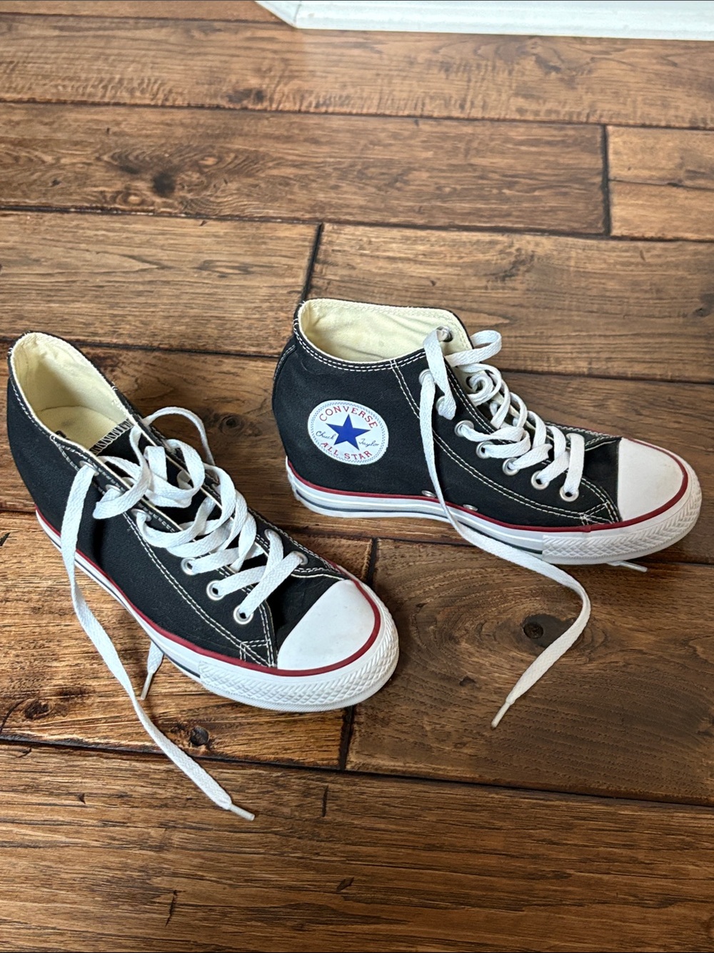 Converse Women's HIGH HEEL Black & White High Top Sneakers with Red Stripe